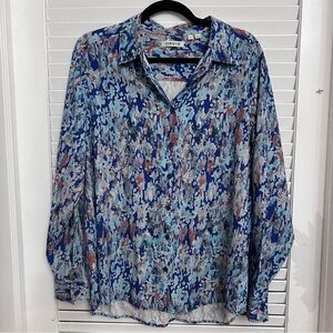 ORVIS 100% Silk Long Sleeve Button Down Blue Graphic Shirt Blouse Top Large